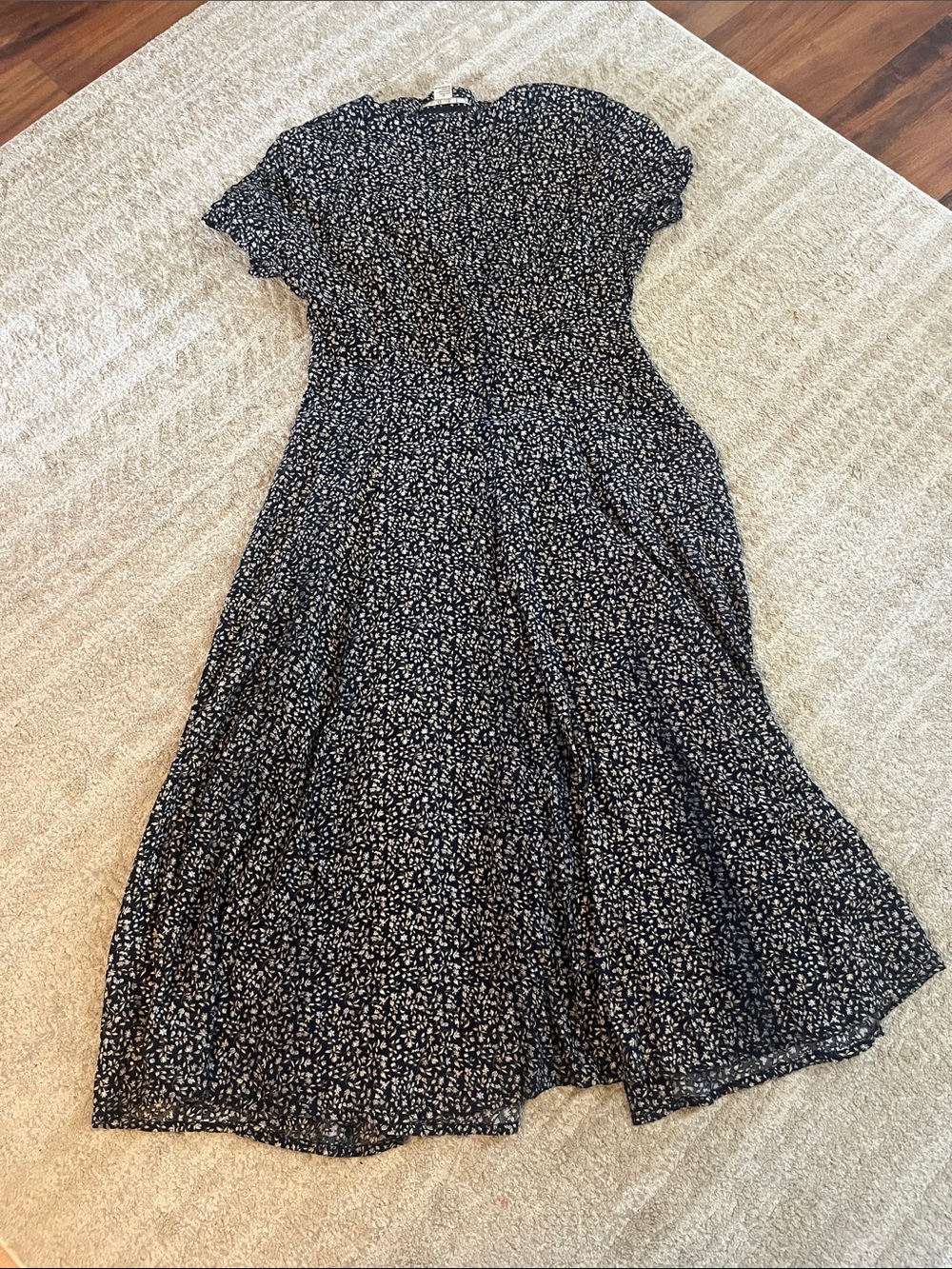 Vintage New York Studio Navy Floral Button-Front Midi Short Sleeve Dress 12 - Picture 7 of 7